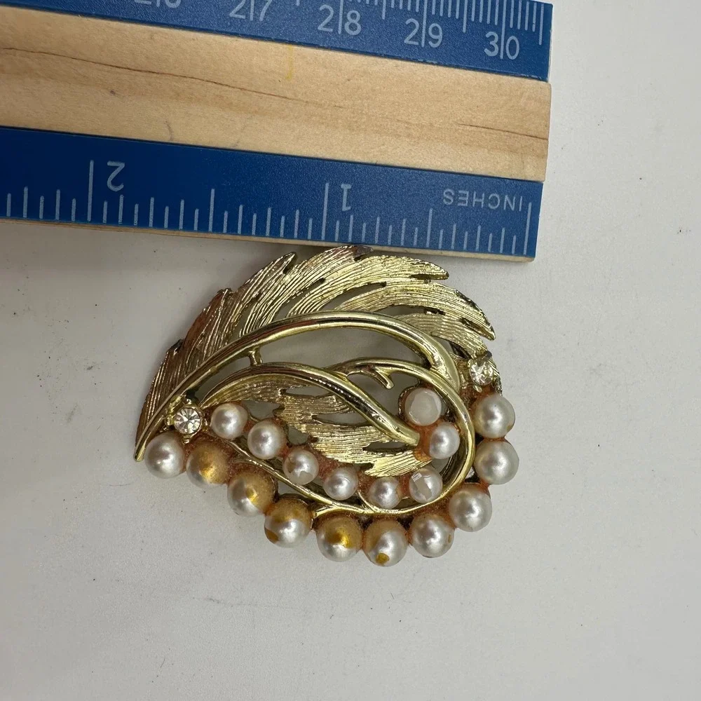 VTG Brooch Lot 3 Faux Pearl Rhinestone Gold Silver Tone Leaf Floral Pins Wedding